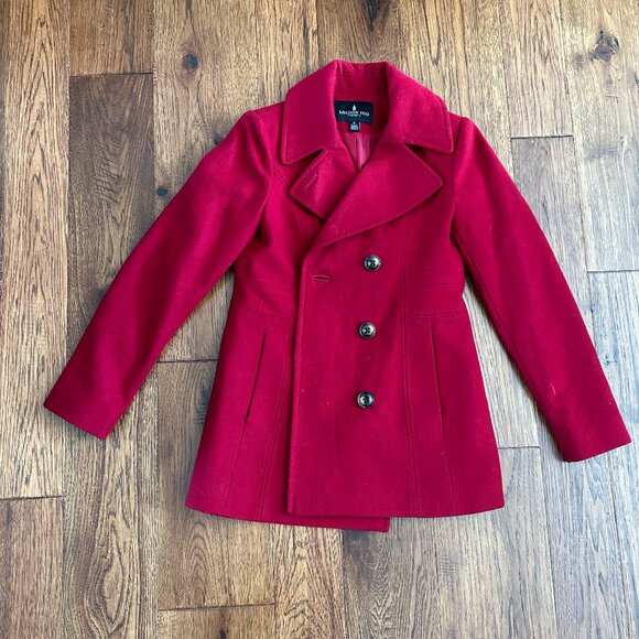 London Fog Classic Double Breasted Red Pea Coat w/ Matching Scarf - Size Small - Picture 1 of 7